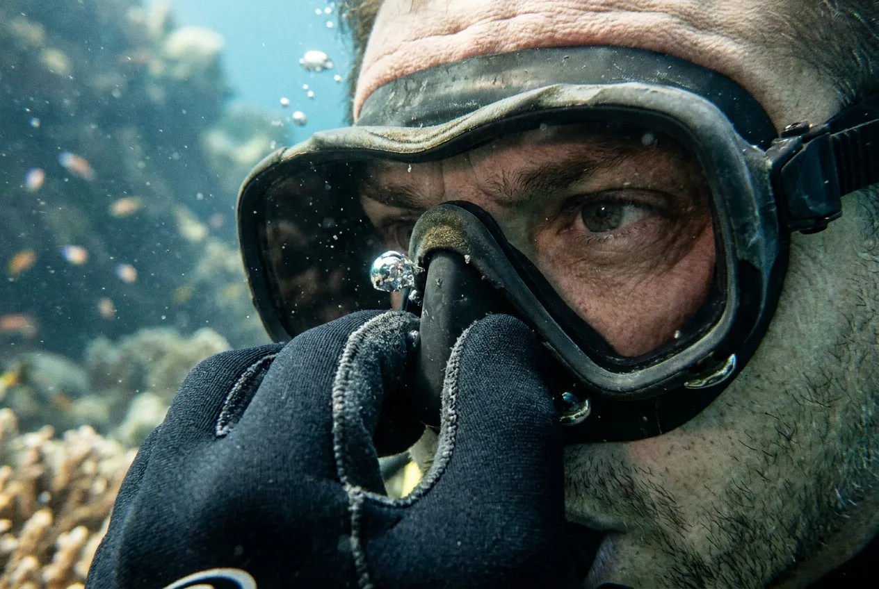 Diver demonstrating the Valsalva maneuver by pinching the nose