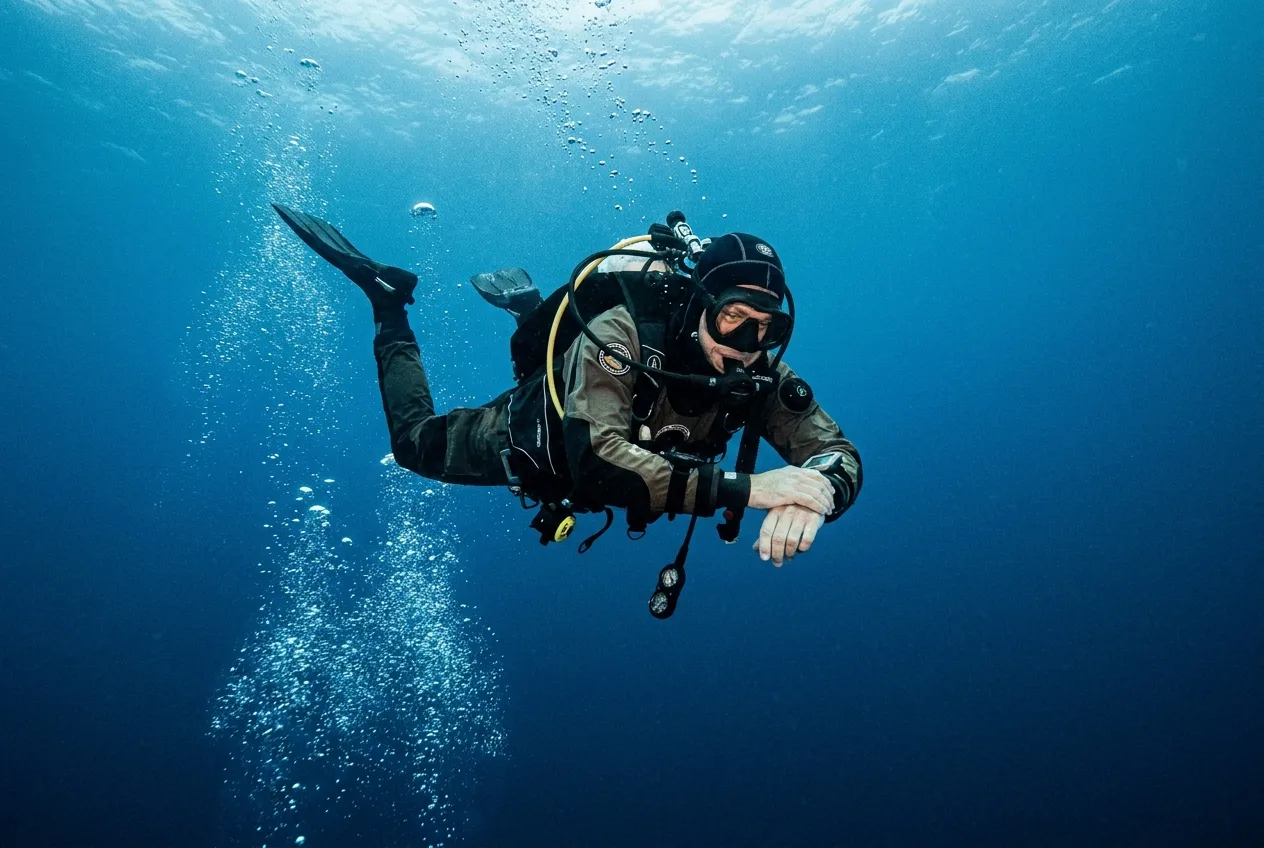 Diver descending slowly while equalizing