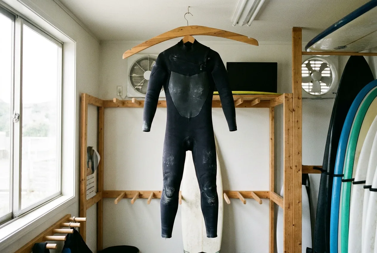 Wetsuit stored on a wide hanger