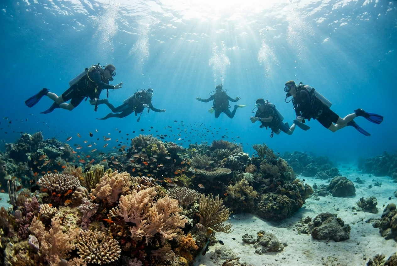 קבוצת צוללים נהנית מצלילה בטוחה ומהנה בשונית אלמוגים