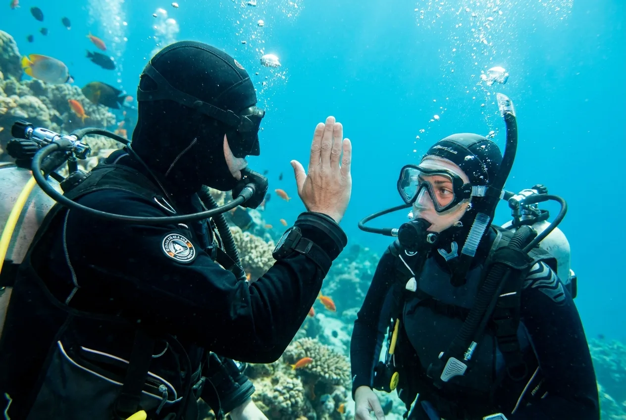Diver signaling an ear problem to a buddy and the need to stop