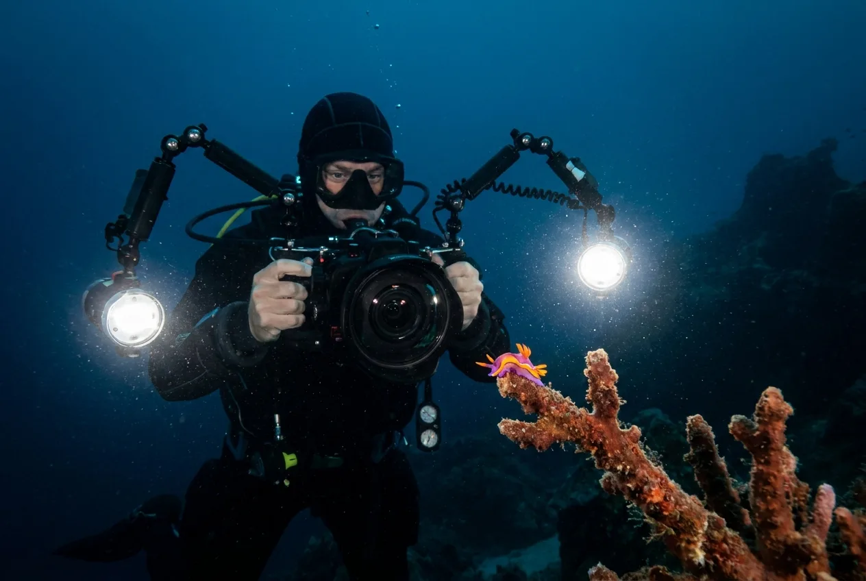 An underwater photographer uses external strobes to light a macro subject