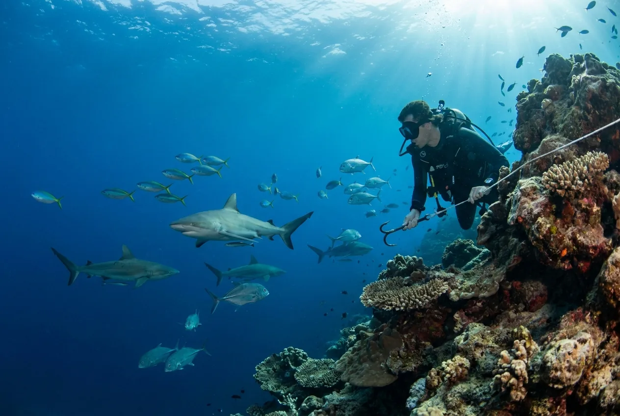 Diver using a reef hook while watching sharks on a drift dive in Palau