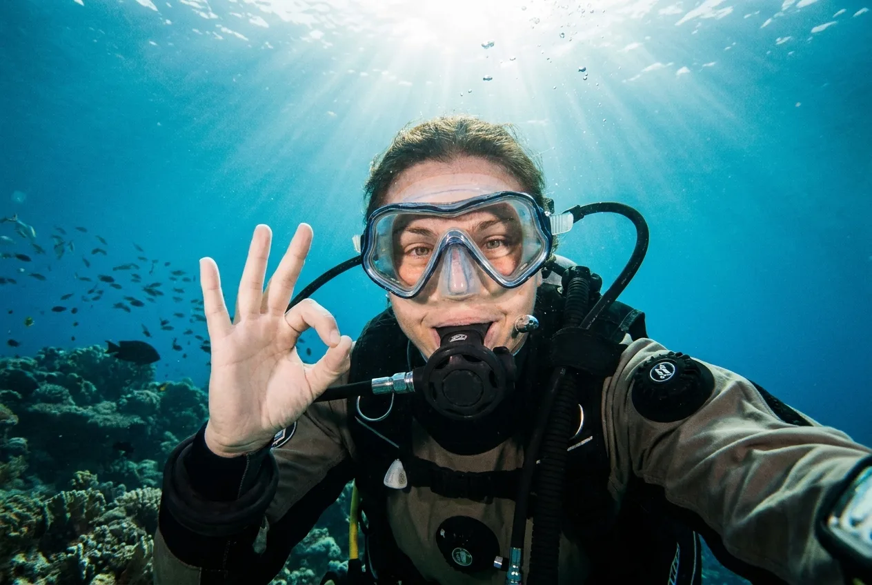 A diver gives the 'OK' hand signal underwater