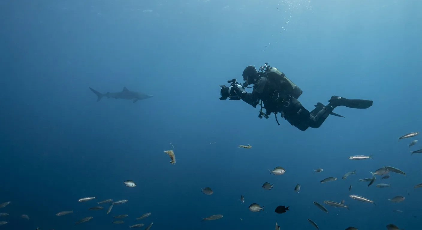 Mediterranean sharks: a diver watching a blue shark near a reef, image 4