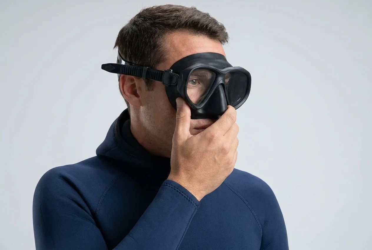 A person checks the fit of a dive mask in a shop