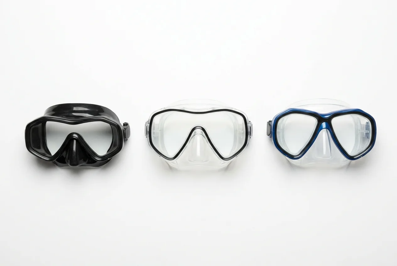 Three types of dive masks on a white background