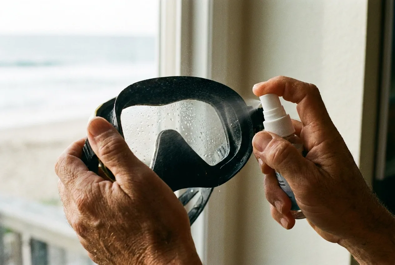 A person applies anti-fog spray inside a dive mask