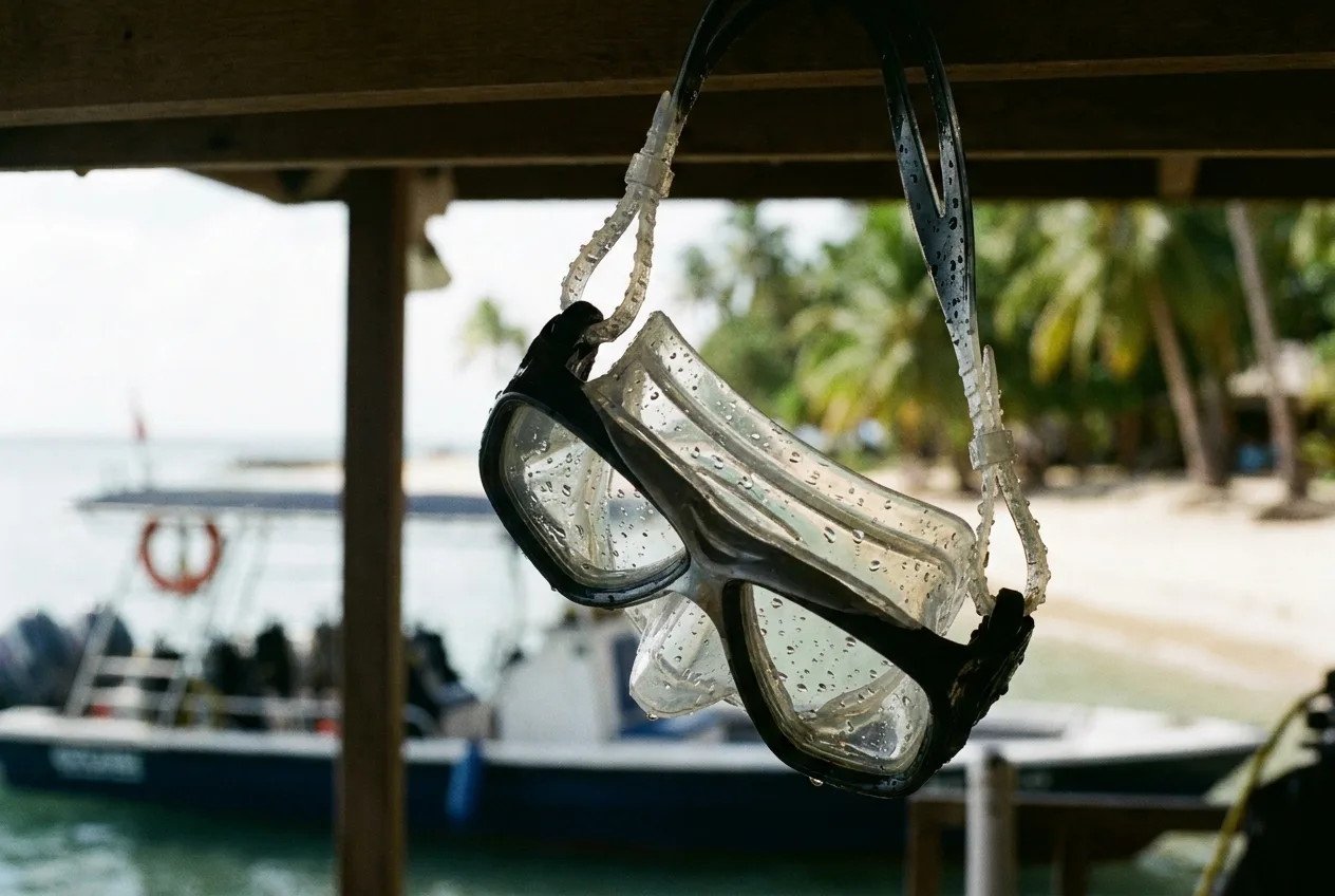 A clean dive mask hangs up to dry in the shade
