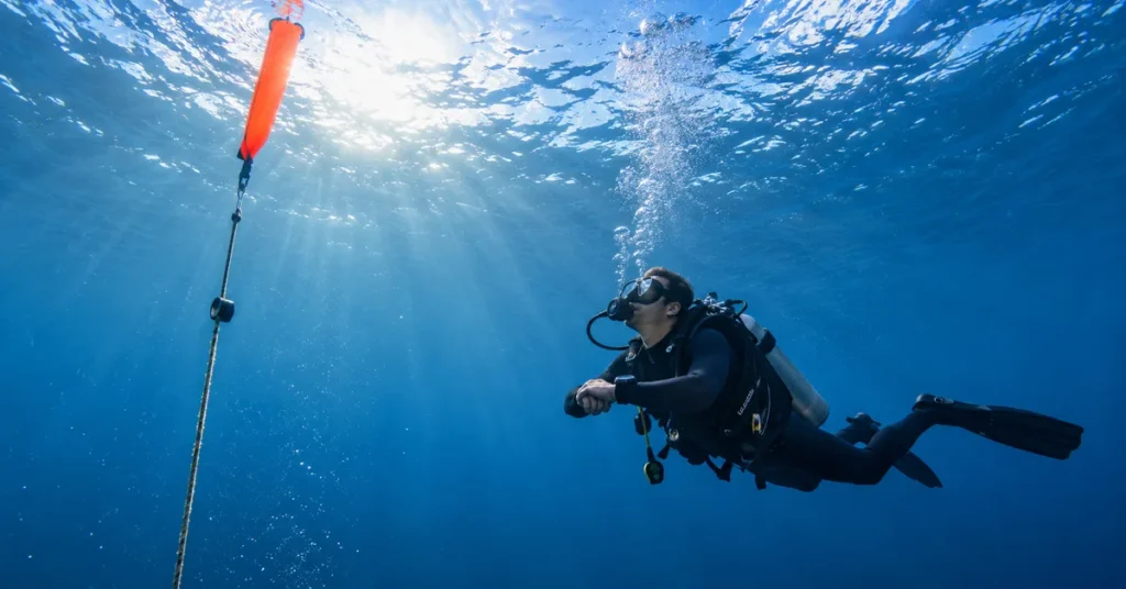 Diver checking a dive computer during a safety stop beside an orange marker line in blue water