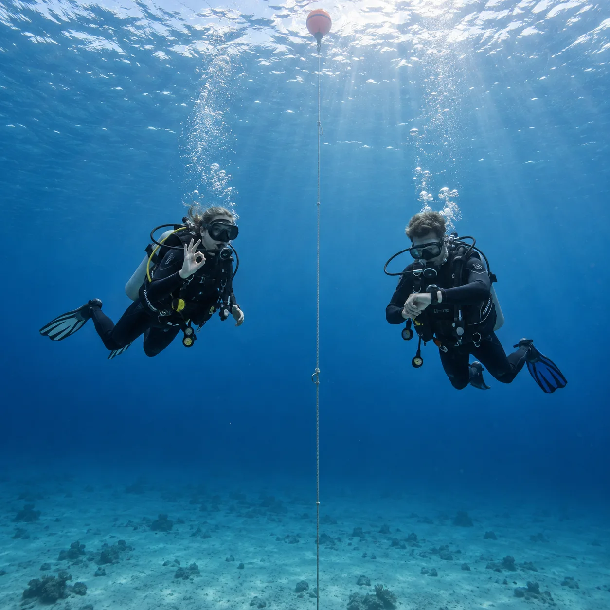 Two divers at a safety stop beside an ascent line beneath a surface buoy; one signals OK while the other checks a dive computer