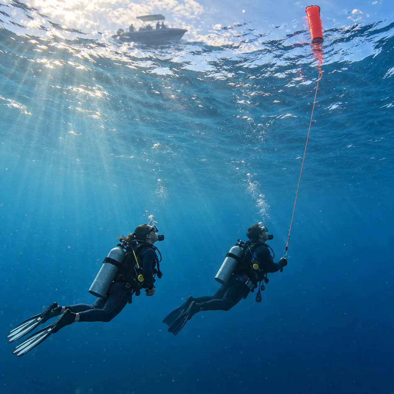 Two divers at a safety stop looking towards the surface, with an orange marker buoy and a boat in the distance