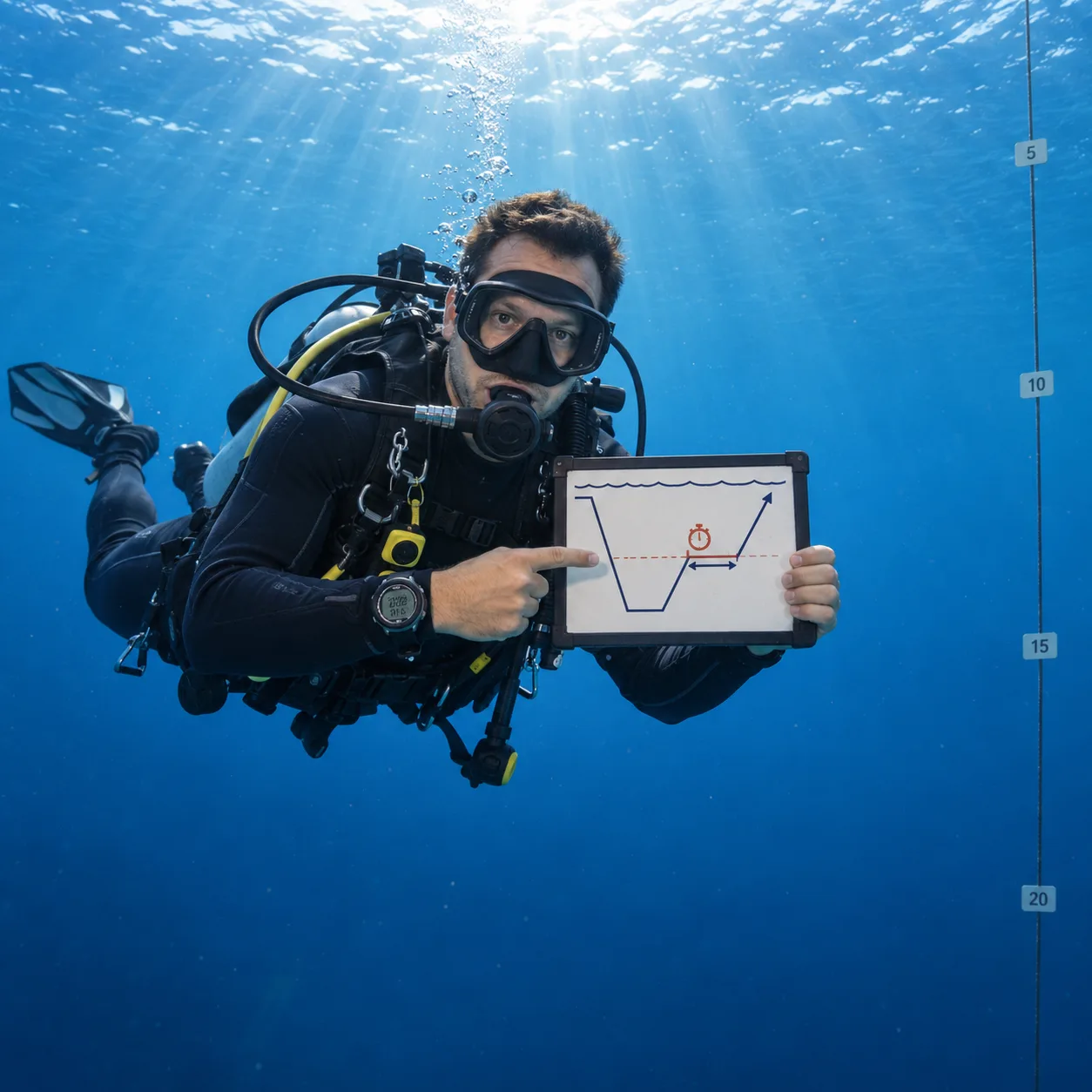 A diver at a safety stop holding a slate with an ascent profile, beside a depth line in open blue water