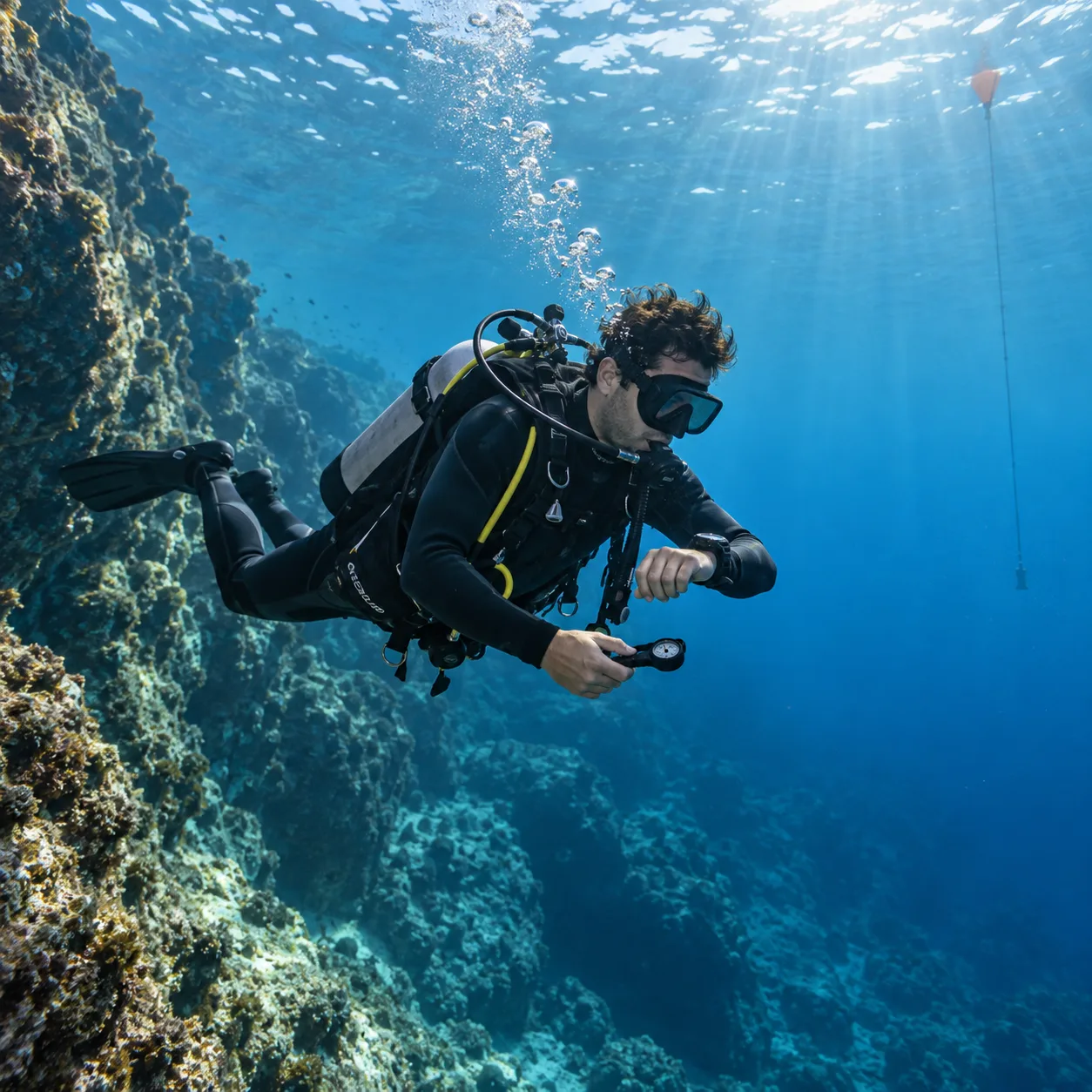 A diver at a safety stop beside a rocky wall, checking a dive computer and pressure gauge, with a marker line in the distance