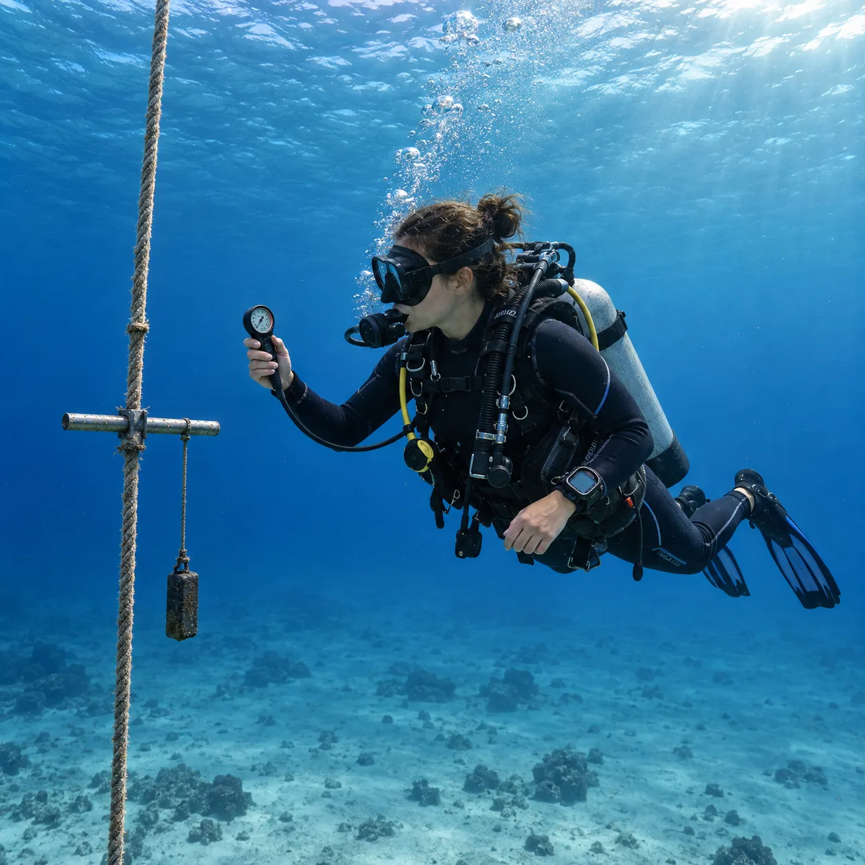 A diver at a safety stop checking a pressure gauge beside a line, horizontal bar and weight in blue water