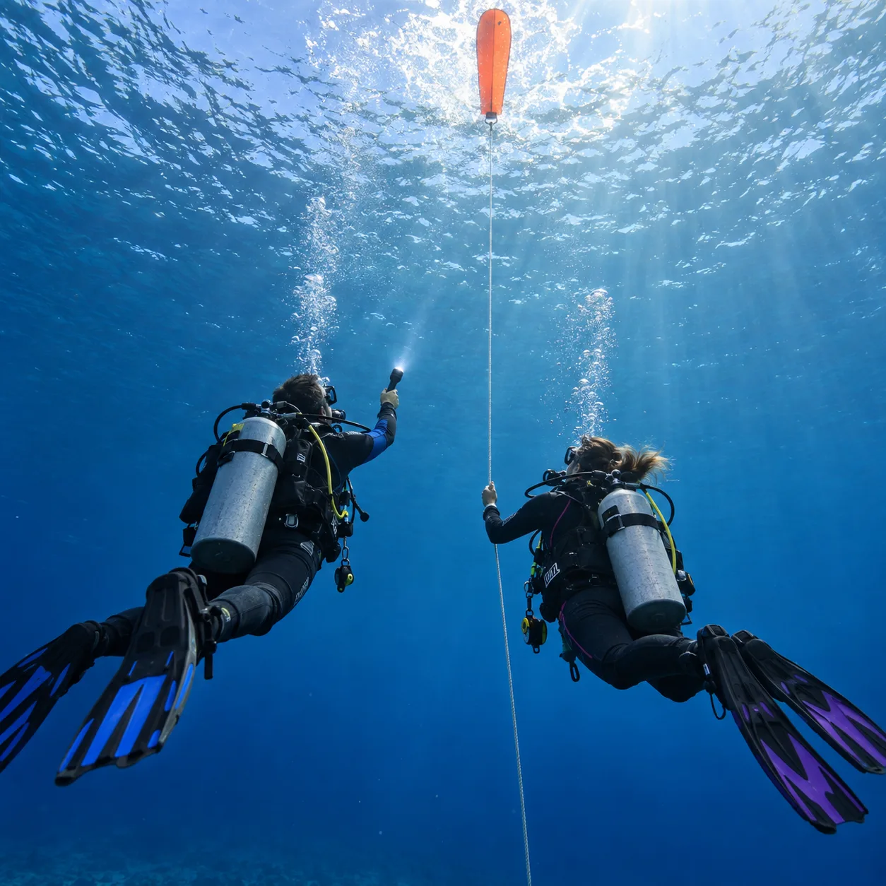Two divers at a safety stop beneath an orange marker buoy, following an SMB line while one shines a torch towards the surface