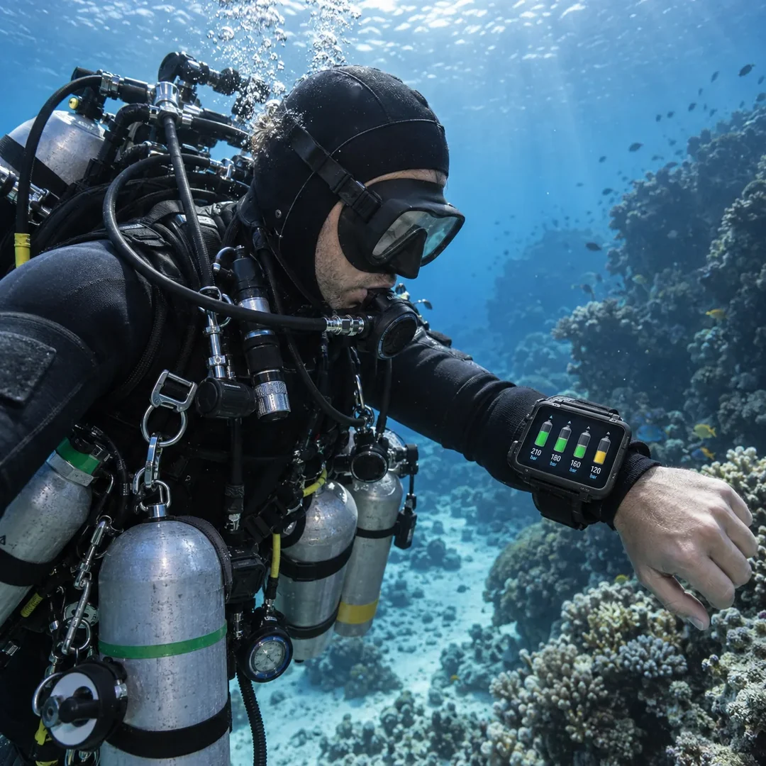 A scuba diver with several cylinders checks a dive computer showing four air pressure readings in bar underwater.