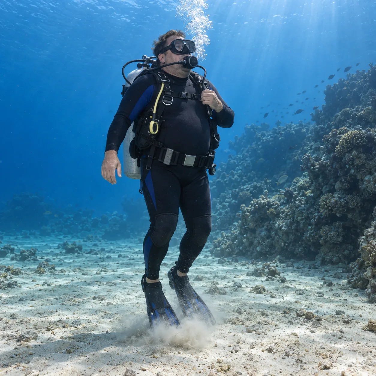A diver with a scuba tank, regulator and BCD hangs upright above a sandy seabed, kicking up a cloud of sand to illustrate excess weight and sinking.