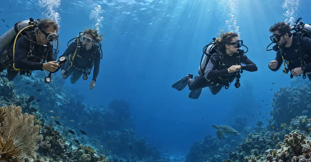 Illustration of four scuba divers on a reef, with an analog pressure gauge on one side and more modern scuba equipment on the other.
