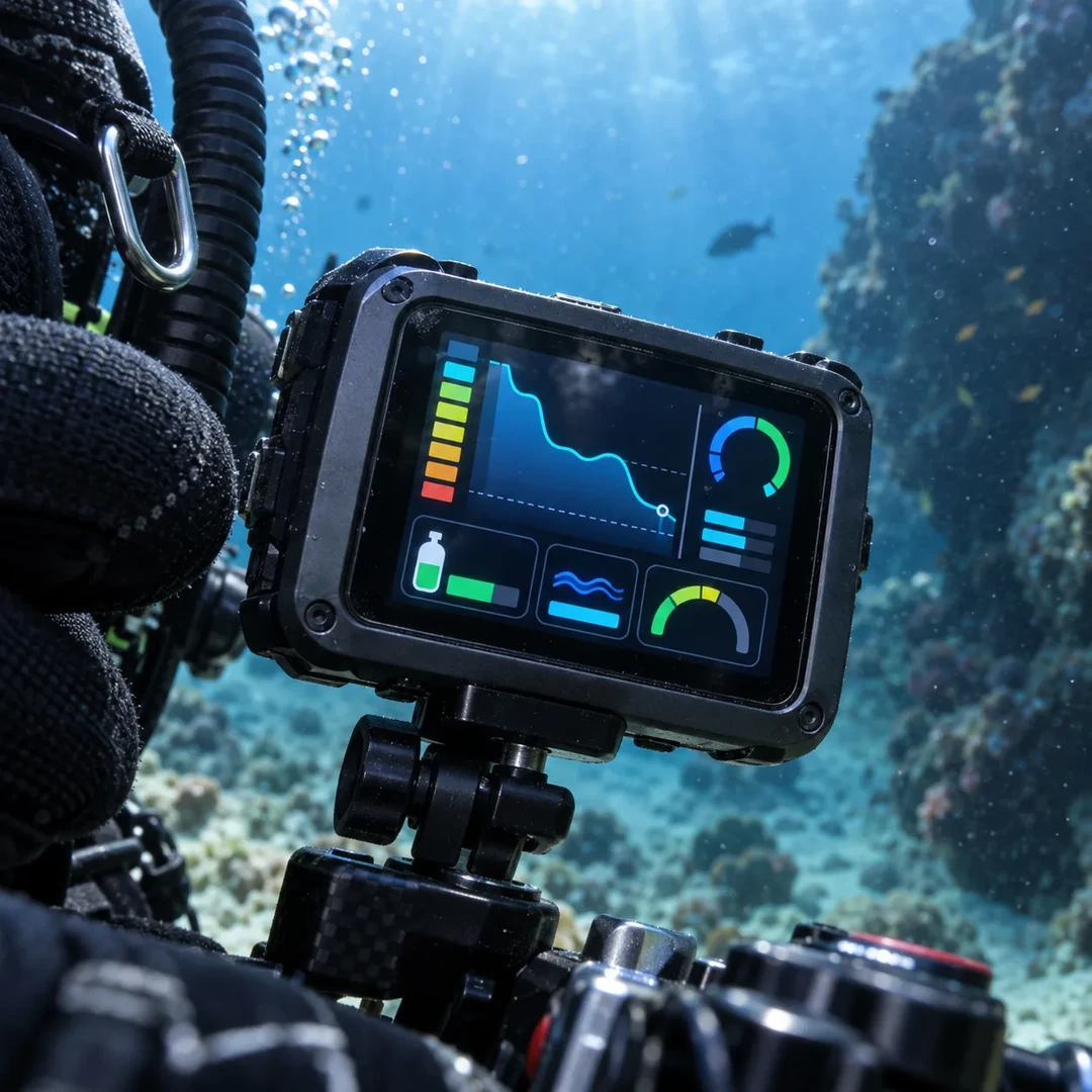 A close-up of a dive computer underwater with a sharp colour display showing graphs and readings against a reef background.