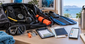Scuba gear, a surface marker buoy, travel documents and a phone with an emergency list laid out on a table before a dive trip.