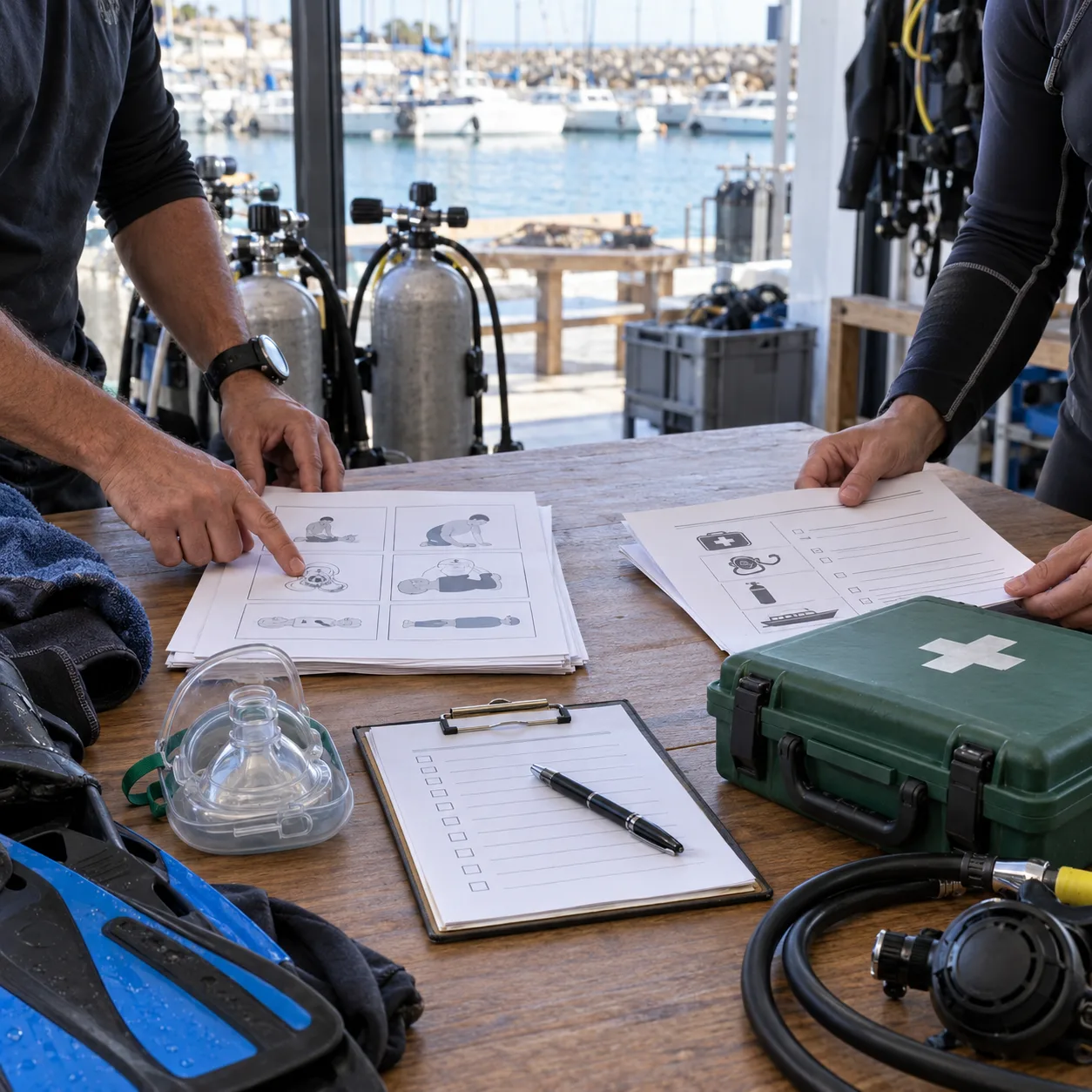 A dive center safety station with first aid training sheets, a CPR mask, a closed oxygen kit and diving equipment, illustrating SSI's adoption of Powered by DAN programs.