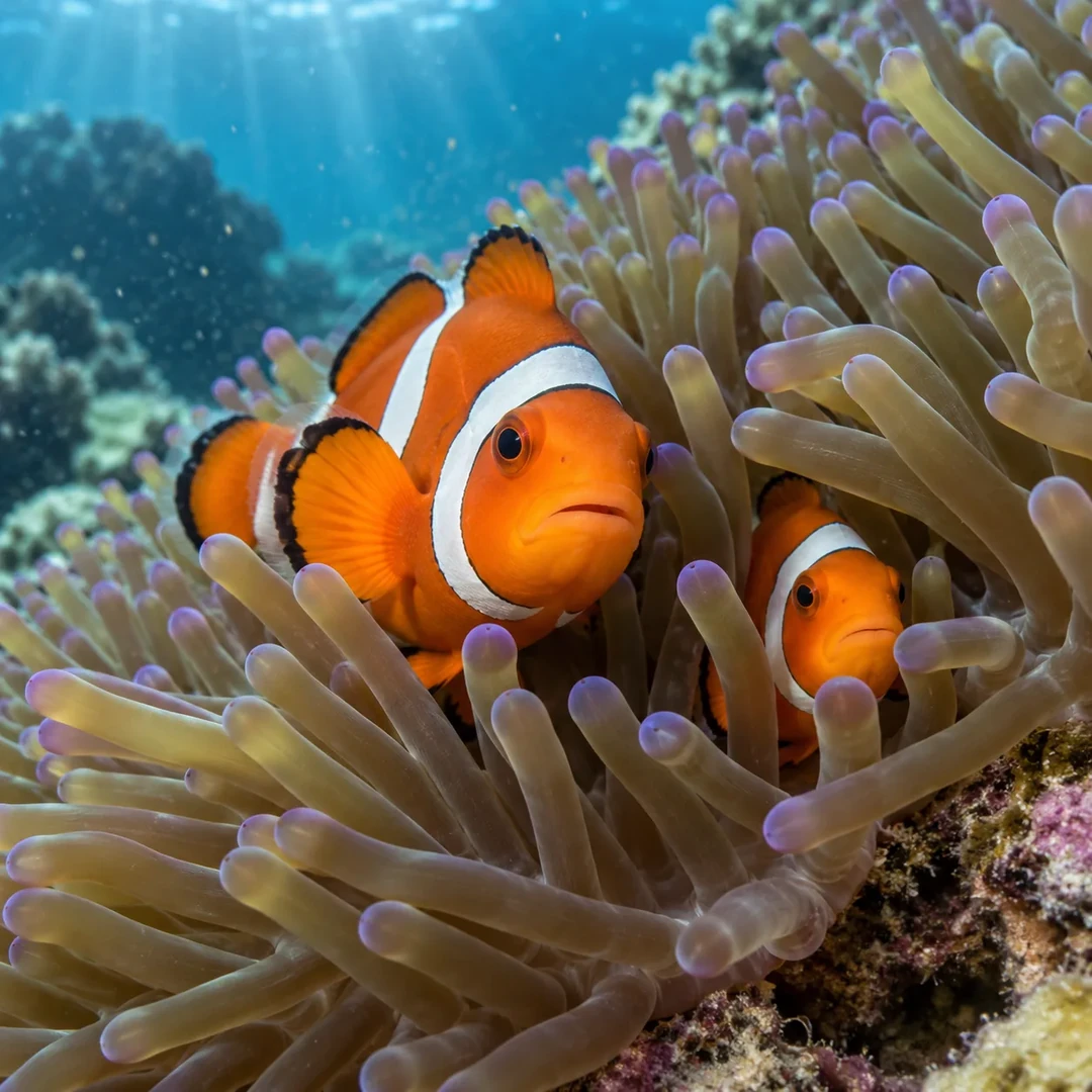 Two orange clownfish with white stripes shelter among the tentacles of a sea anemone on a reef.