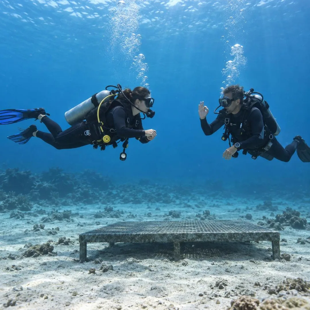 Two divers with scuba tanks and regulators practice a skill while neutrally buoyant above a training platform.