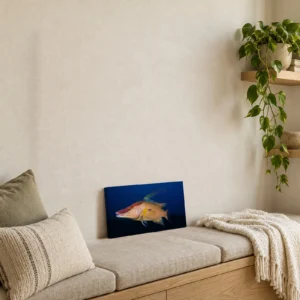 Small hogfish canvas print on a built-in oak bench, leaning against the wall