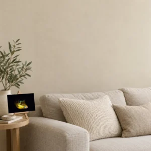 Small blue-spotted toby canvas print on a side table, leaning against the wall