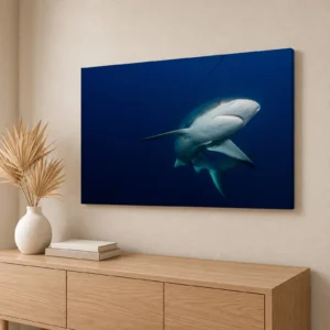 Large Caribbean reef shark canvas print on a living room wall above an oak sideboard