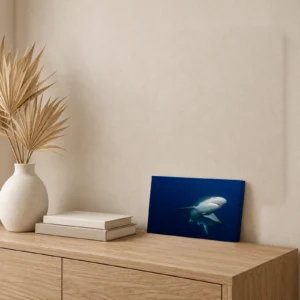Small Caribbean reef shark canvas print on an oak sideboard, leaning against the wall