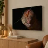 Medium yellowmouth moray and cleaner shrimp canvas print on a study wall above a low oak cabinet