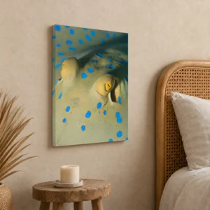 Medium bluespotted ribbontail ray canvas print on a guest room wall beside a rattan headboard