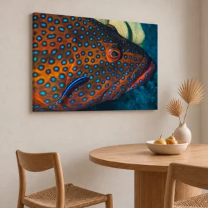 Large coral hind and cleaner wrasse canvas print on a kitchen dining nook wall above a round oak table