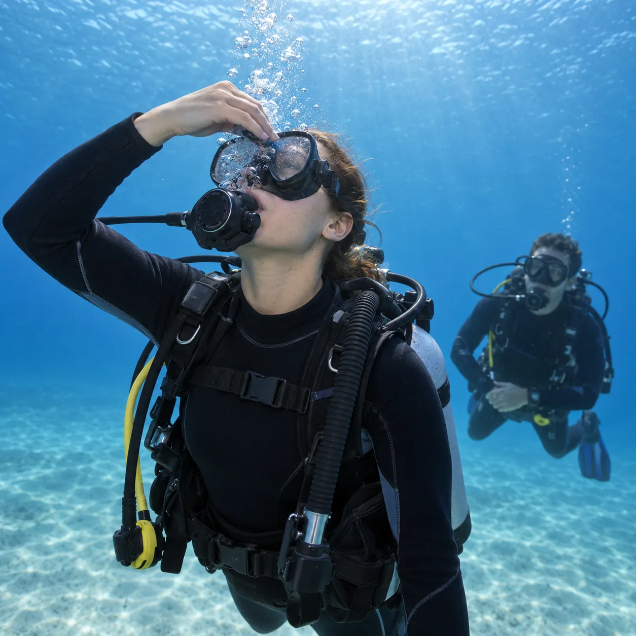 A diver practices mask clearing in open water while her buddy waits in the background, illustrating an essential diving skill.
