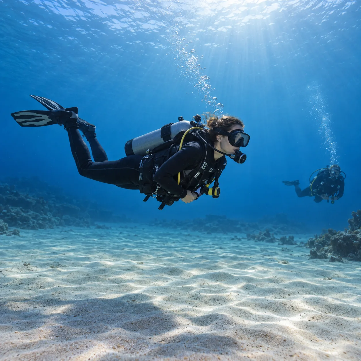 A diver hovers above a sandy seabed with her buddy in the background, demonstrating buoyancy control.