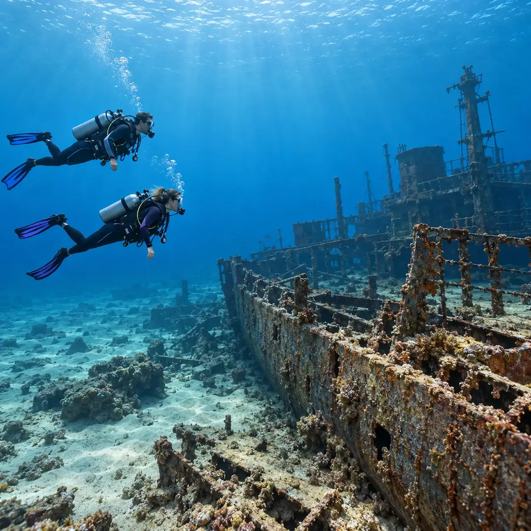 Two scuba divers look from outside at rusted, broken shipwreck remains on a sunlit seabed.