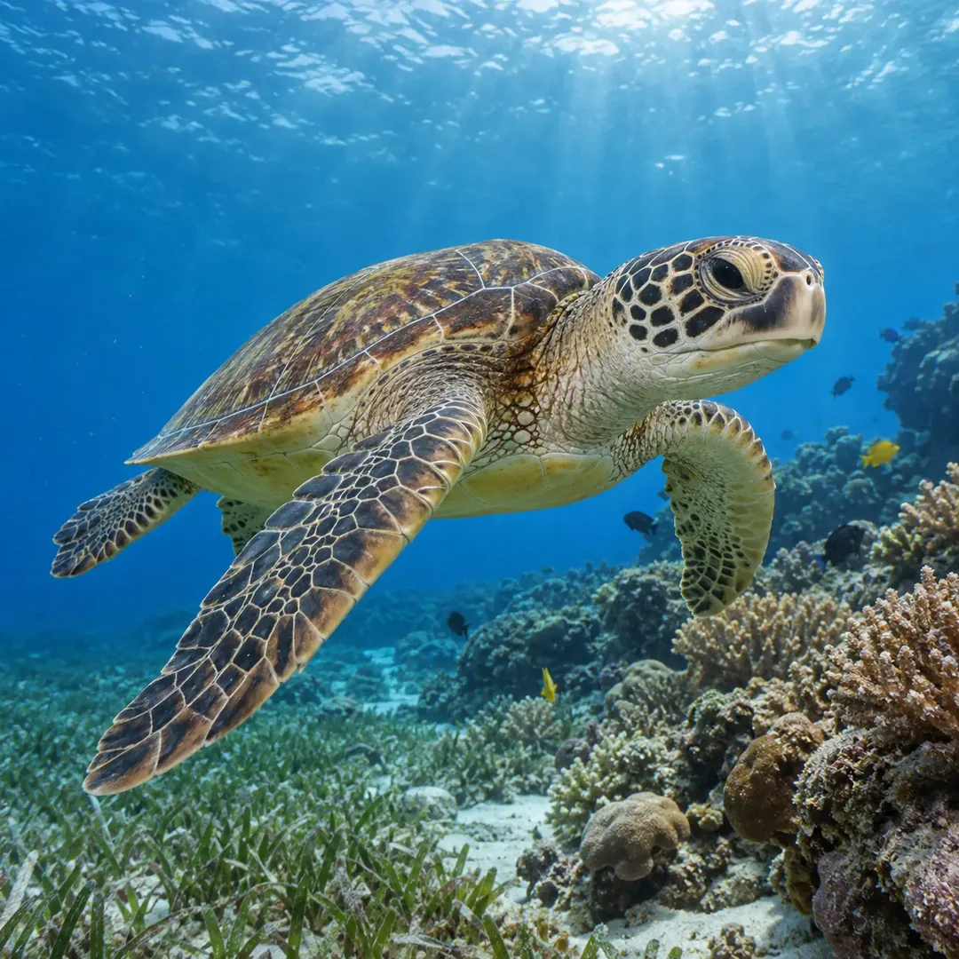 A sea turtle swims through clear water above seagrass and a coral reef.