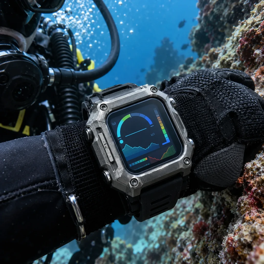 A dive computer on a scuba diver’s wrist with a metal armoured case and visible screws beside a reef wall.