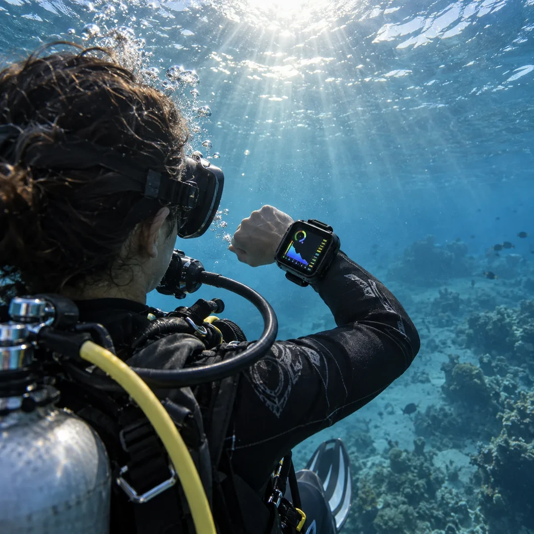 A scuba diver just below the surface raises a wrist and checks a dive computer with a bright colour screen in strong sunlight.