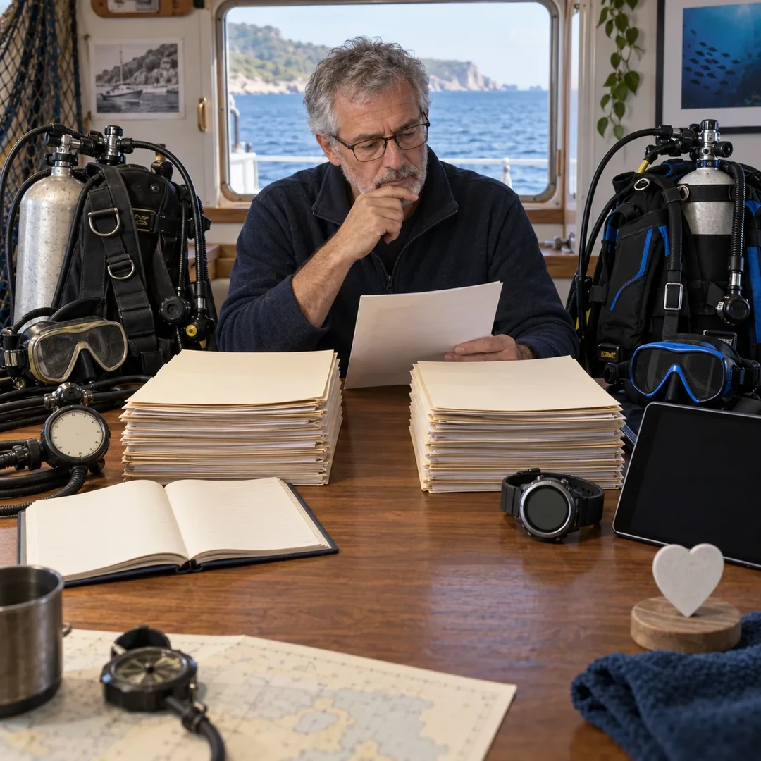Illustration of a diving safety researcher examining anonymous records beside old and new scuba equipment.