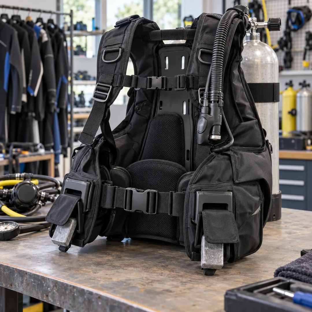 An illustrative image of an unbranded black BCD at a dive center, with straps, a backplate and open weight pockets showing weights inside.