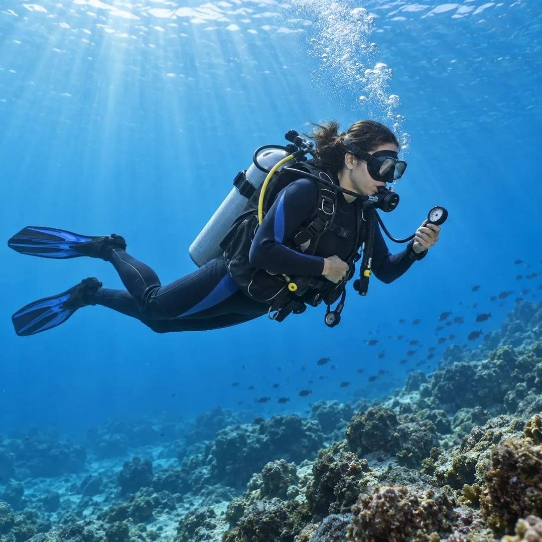 Illustration of a scuba diver in the water in a mostly horizontal position, checking an analog pressure gauge while using a regulator above a reef.