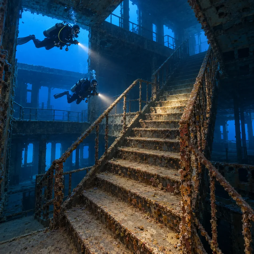 Two scuba divers illuminate a rusted staircase inside a shipwreck with their dive lights.