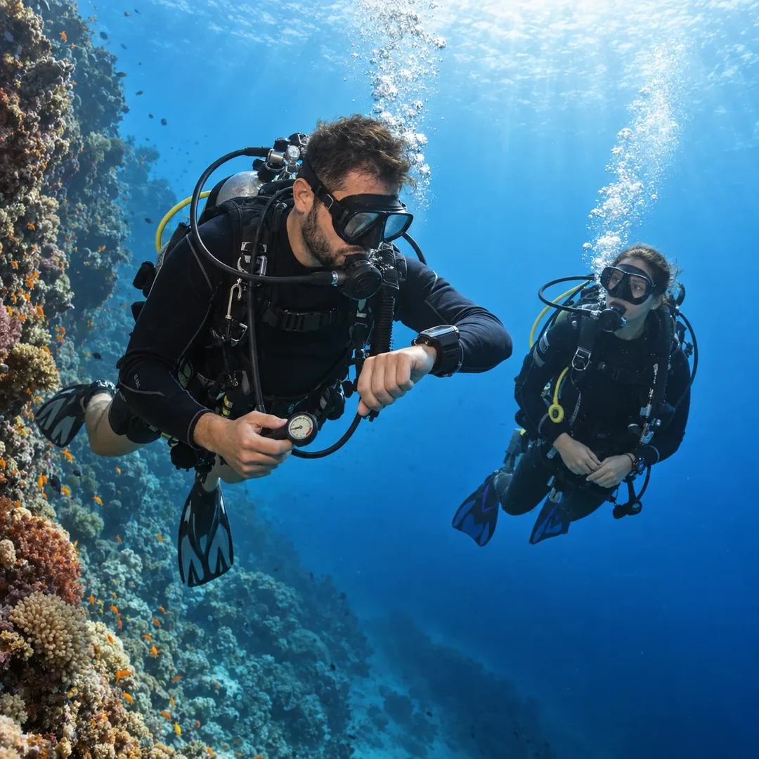 Two divers near a reef, with the front diver checking a dive computer and pressure gauge during the dive.