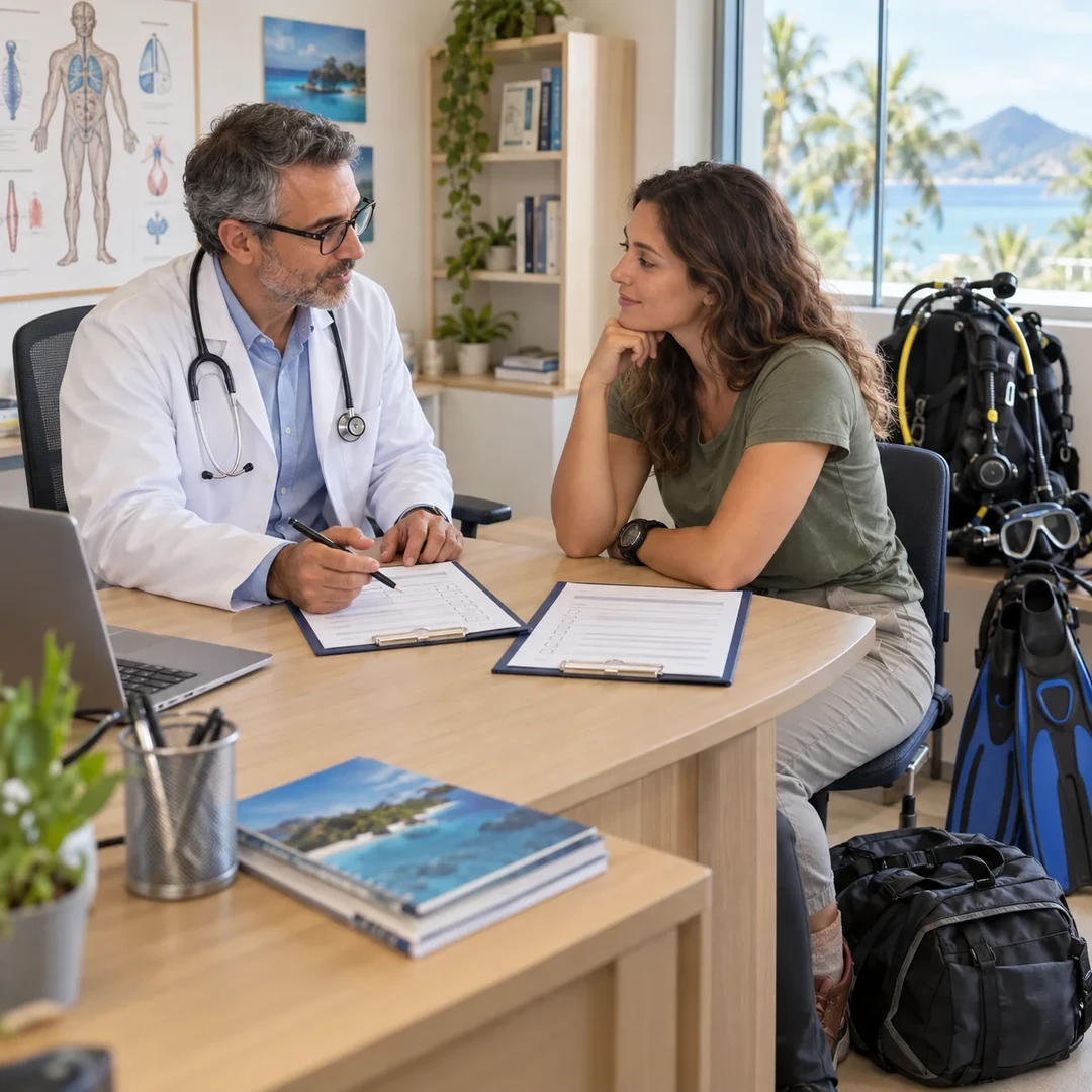 A doctor and a diver reviewing a medical fitness-to-dive form in a clinic beside scuba equipment.