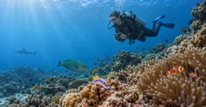 A scuba diver hovers above a coral reef and observes marine animals, including a lionfish, nudibranch, parrotfish, and a distant reef shark.