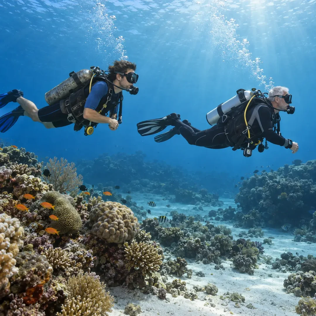 Illustration of two scuba divers of different ages swimming horizontally above a reef.