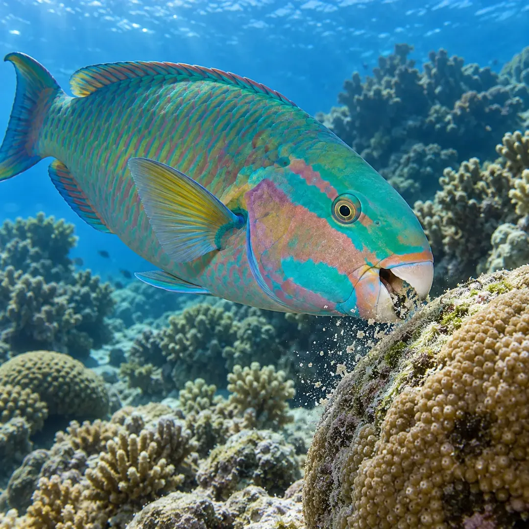 A colorful parrotfish scrapes the reef surface as pale particles fall below its mouth.